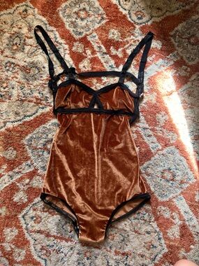 Solstice Velvet Teddie Bodysuit in Rust with Black Trim
